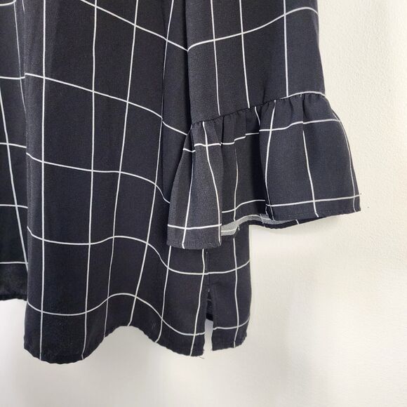 Adrianna Papell Womens Top Medium Black White Plaid Bell Sleeve Keyhole Relaxed - Picture 6 of 11